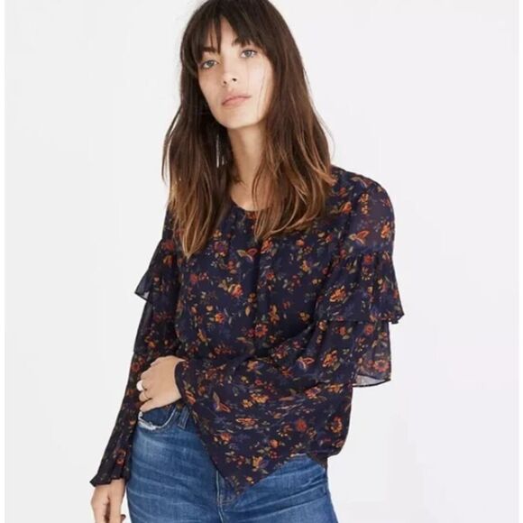 Madewell Tops - Madewell Ruffle-Sleeve Top Women's Small Navy Blue Floral Climbing Vine Blouse